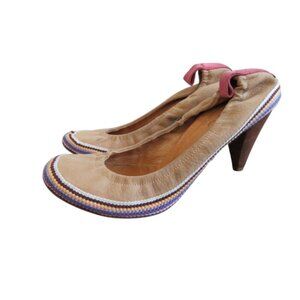 C.N.C COSTUME NATIONAL Tan Leather Boho Crochet Heeled Slip On Shoes - Size 9.5